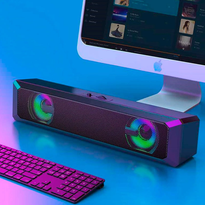 Caixa de Som Barra de Som Gamer 6W – Estéreo de Alta Fidelidade com LED Colorido, USB/P2, Instalação Rápida e Cabo Longo