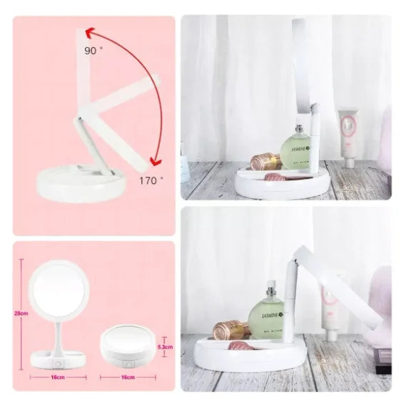 Espelho de Maquiagem 10x com Luz LED Dupla USB – Espelho com Aumento e Iluminação para Make + Organizador Neverdie