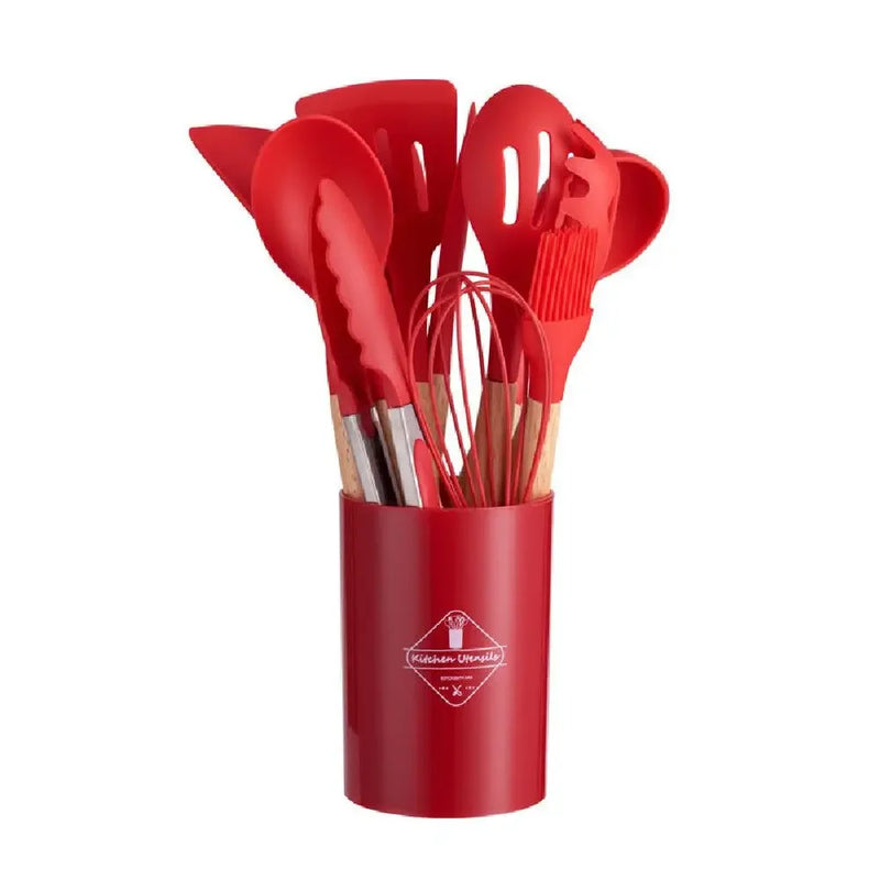 Kit com 12 peças de utensílios de cozinha, colheres, espátula de silicone, cabo, decoração de madeira