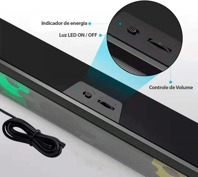 Caixa de Som Barra de Som Gamer 6W – Estéreo de Alta Fidelidade com LED Colorido, USB/P2, Instalação Rápida e Cabo Longo