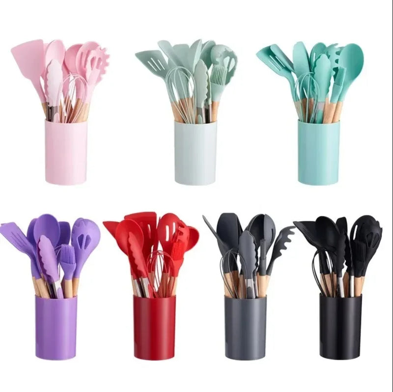 Kit com 12 peças de utensílios de cozinha, colheres, espátula de silicone, cabo, decoração de madeira