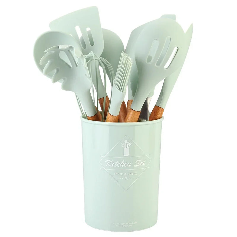 Kit com 12 peças de utensílios de cozinha, colheres, espátula de silicone, cabo, decoração de madeira