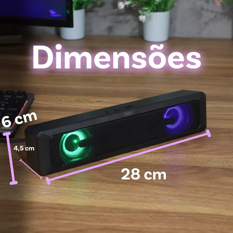 Caixa de Som Barra de Som Gamer 6W – Estéreo de Alta Fidelidade com LED Colorido, USB/P2, Instalação Rápida e Cabo Longo