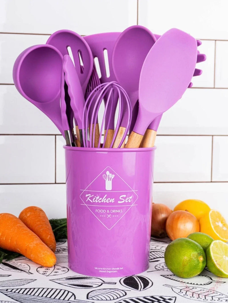 Kit com 12 peças de utensílios de cozinha, colheres, espátula de silicone, cabo, decoração de madeira