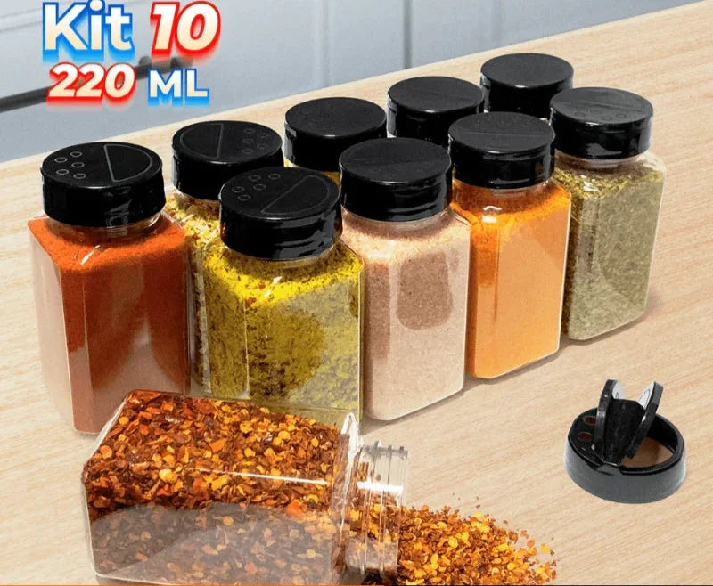 Kit 10 Potes Temperos Tampa Dupla 220ml Temperos e Especiarias