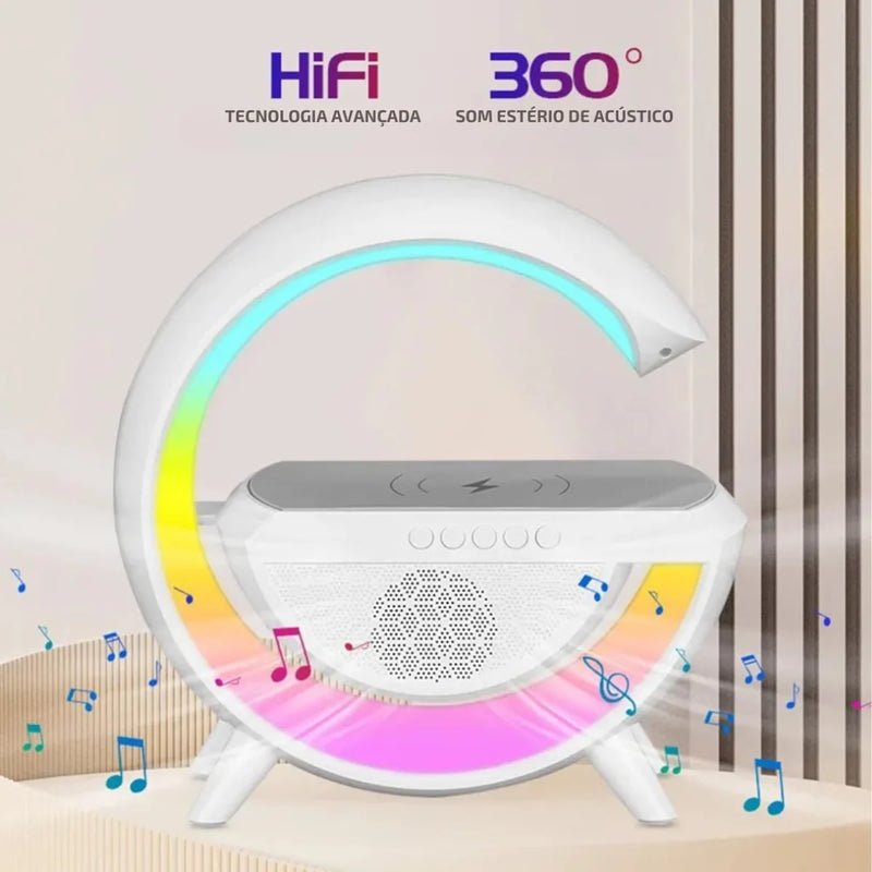 Alto-Falante Bluetooth 5 em 1 com Carregamento Sem Fio, Despertador e Luz Noturna