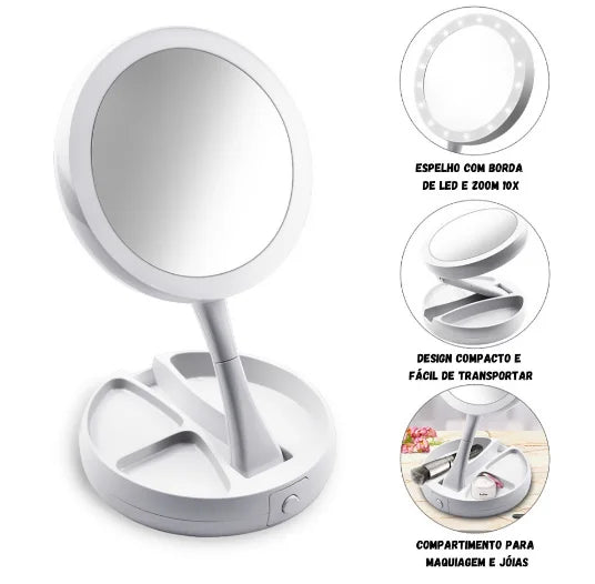 Espelho de Maquiagem 10x com Luz LED Dupla USB – Espelho com Aumento e Iluminação para Make + Organizador Neverdie