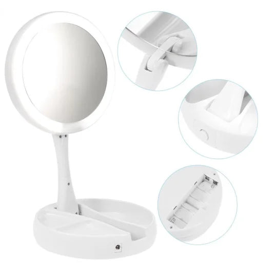 Espelho de Maquiagem 10x com Luz LED Dupla USB – Espelho com Aumento e Iluminação para Make + Organizador Neverdie