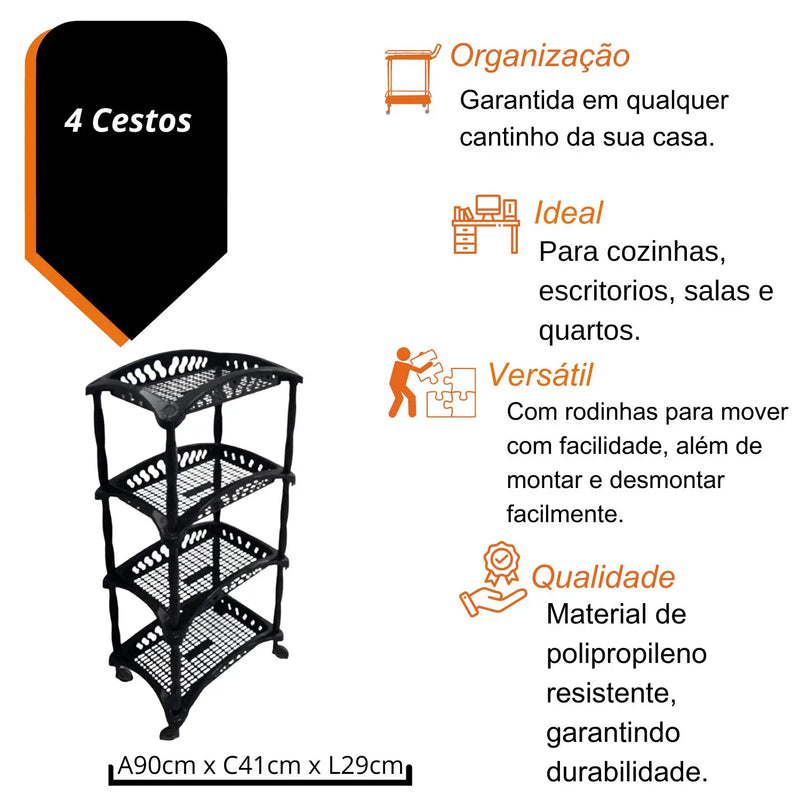 Organizador Vertical com 4 Cestos – Suporte de Armazenamento com Tela para Frutas e Legumes, de Piso, para Cozinha