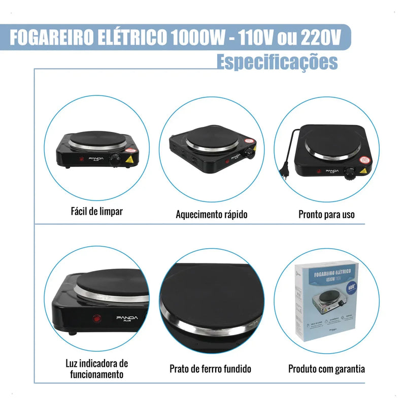 Fogão Elétrico Portátil Cooktop de Mesa 1 Boca Chapa 1000W