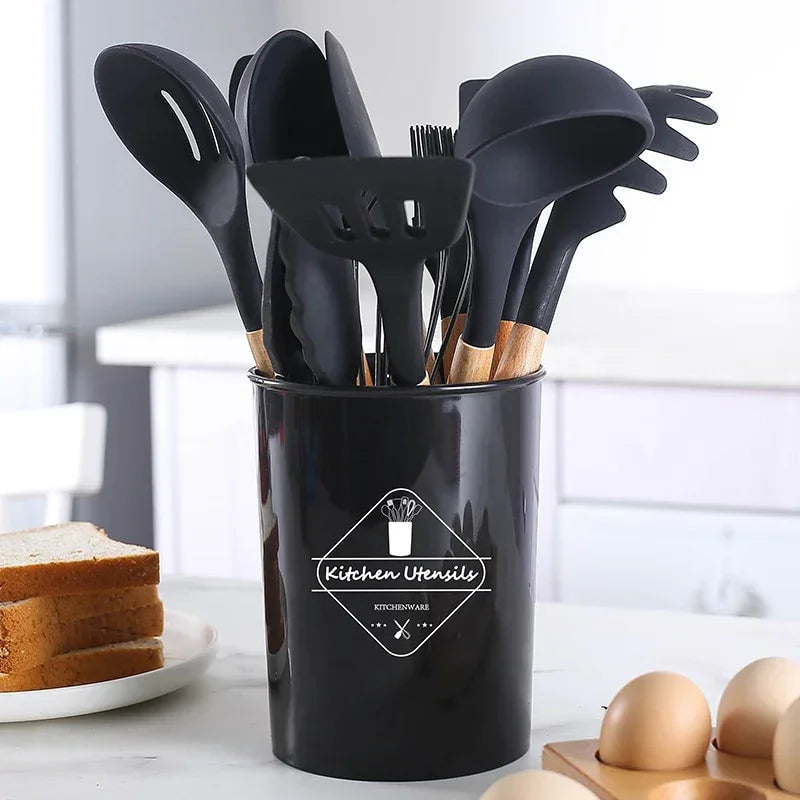 Kit com 12 peças de utensílios de cozinha, colheres, espátula de silicone, cabo, decoração de madeira