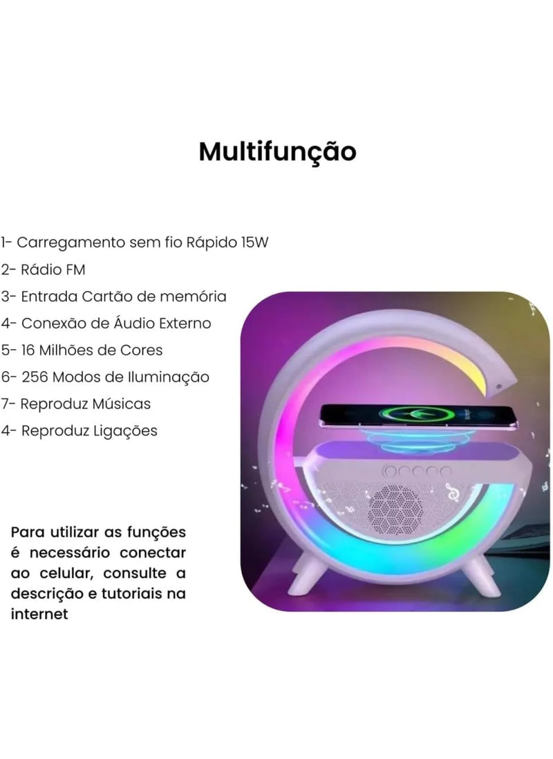 Alto-Falante Bluetooth 5 em 1 com Carregamento Sem Fio, Despertador e Luz Noturna