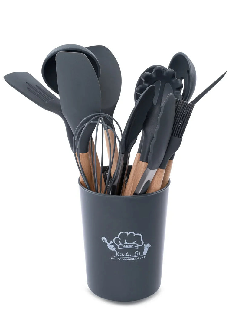 Kit com 12 peças de utensílios de cozinha, colheres, espátula de silicone, cabo, decoração de madeira