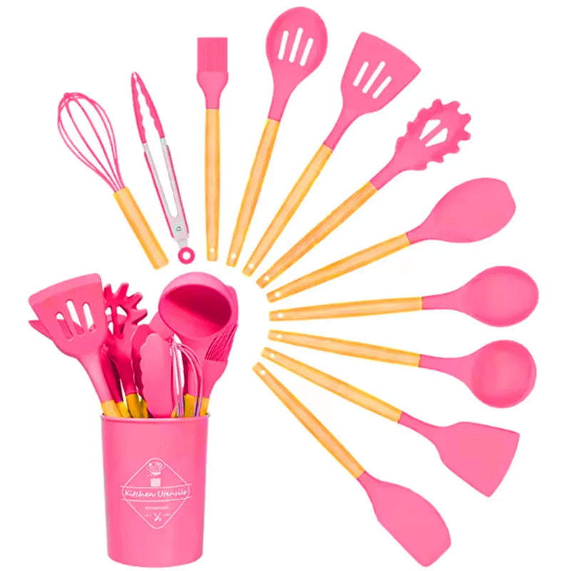 Kit com 12 peças de utensílios de cozinha, colheres, espátula de silicone, cabo, decoração de madeira