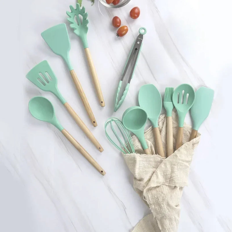 Kit com 12 peças de utensílios de cozinha, colheres, espátula de silicone, cabo, decoração de madeira