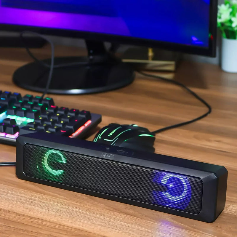 Caixa de Som Barra de Som Gamer 6W – Estéreo de Alta Fidelidade com LED Colorido, USB/P2, Instalação Rápida e Cabo Longo