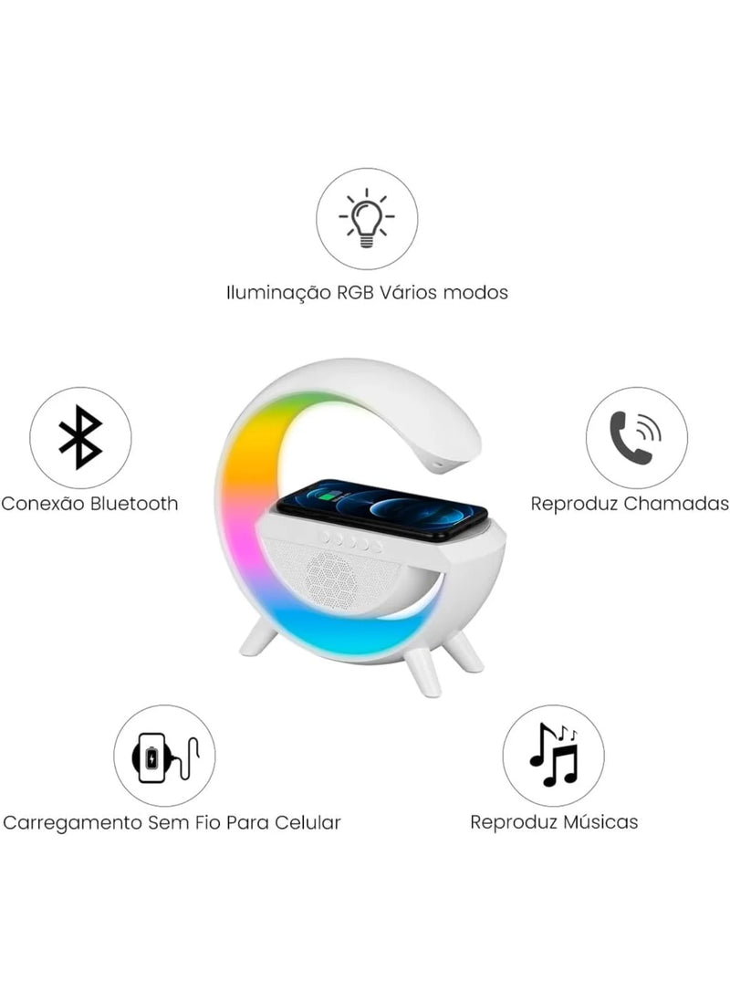 Alto-Falante Bluetooth 5 em 1 com Carregamento Sem Fio, Despertador e Luz Noturna