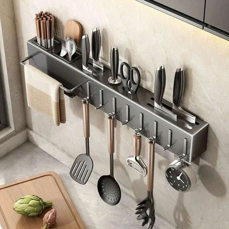 Organizador Parede Cozinha Prateleira Armazenamento Especiarias Rack Porta-Faca Temperos Colher Prático Compacto