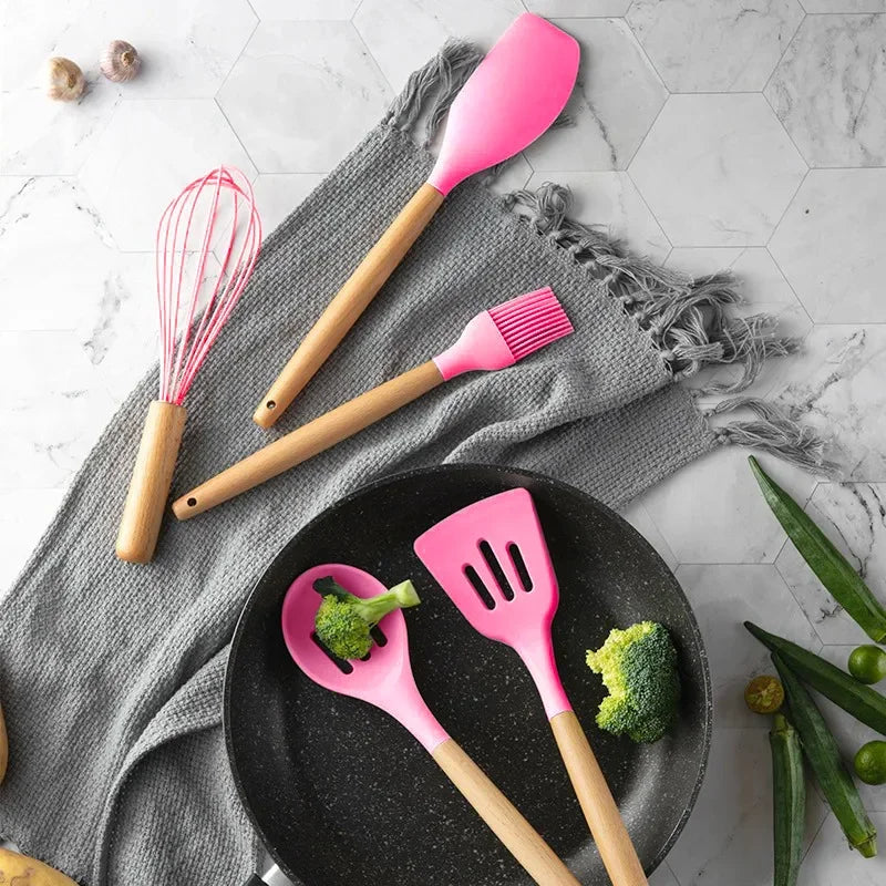 Kit com 12 peças de utensílios de cozinha, colheres, espátula de silicone, cabo, decoração de madeira