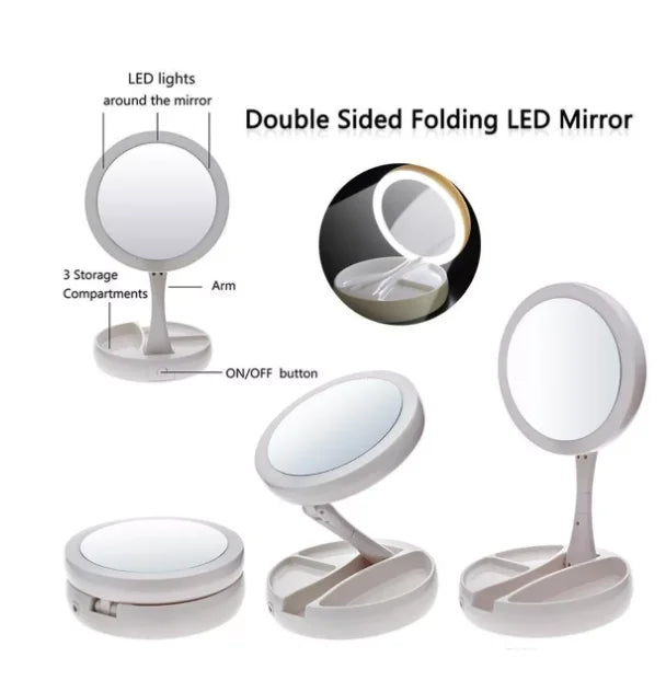 Espelho de Maquiagem 10x com Luz LED Dupla USB – Espelho com Aumento e Iluminação para Make + Organizador Neverdie