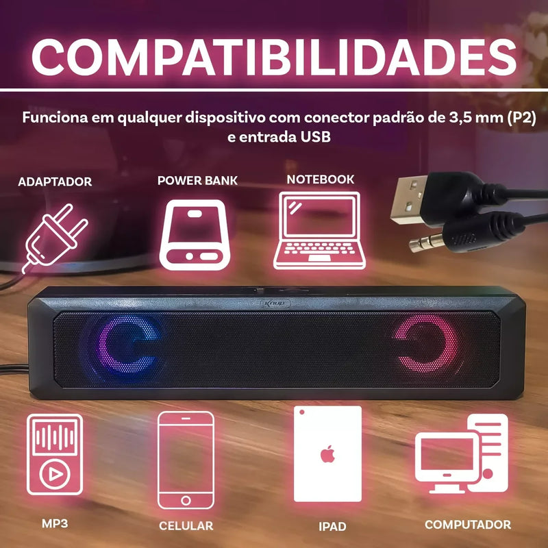 Caixa de Som Barra de Som Gamer 6W – Estéreo de Alta Fidelidade com LED Colorido, USB/P2, Instalação Rápida e Cabo Longo