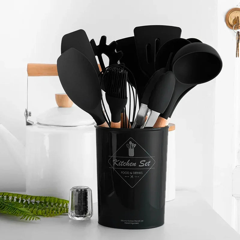 Kit com 12 peças de utensílios de cozinha, colheres, espátula de silicone, cabo, decoração de madeira