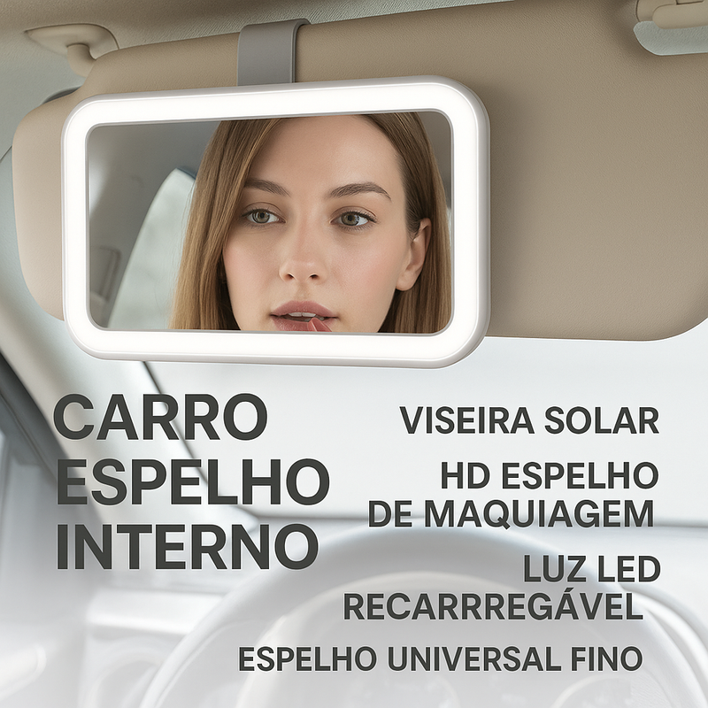 Espelho de Maquiagem LED para Carro, Luz Branca Recarregável, Design Fino