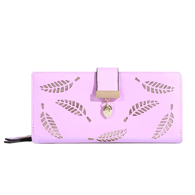 Carteira Clutch Feminina – Couro Sintético Dourado com Estampa de Folhas Vazadas, Porta-Cartões e Moedas