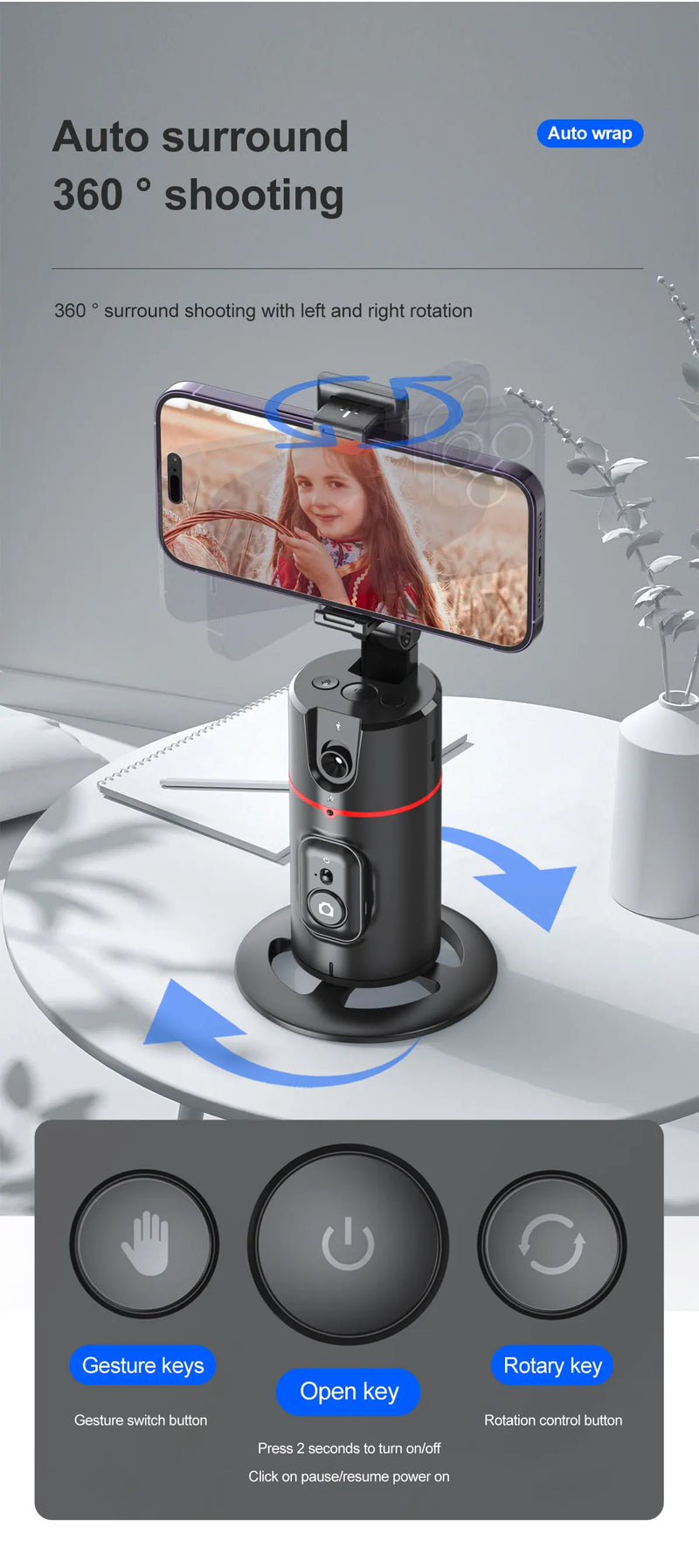 Estabilizador de Celular com Luz LED Removível e Rastreamento Facial – Tripé Sem Fio com Suporte Giratório 360º para Lives, Vídeos e Selfies