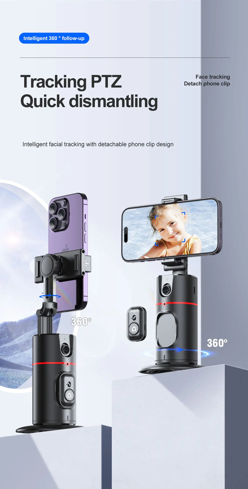 Estabilizador de Celular com Luz LED Removível e Rastreamento Facial – Tripé Sem Fio com Suporte Giratório 360º para Lives, Vídeos e Selfies