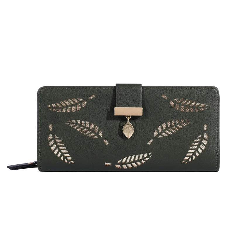 Carteira Clutch Feminina – Couro Sintético Dourado com Estampa de Folhas Vazadas, Porta-Cartões e Moedas