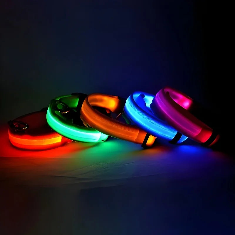 Coleira de Nylon com LED para Cachorro, Acessório Luminoso Fluorescente, Segurança Noturna Piscante, Brilha no Escuro, Coleira Ajustável para Pets