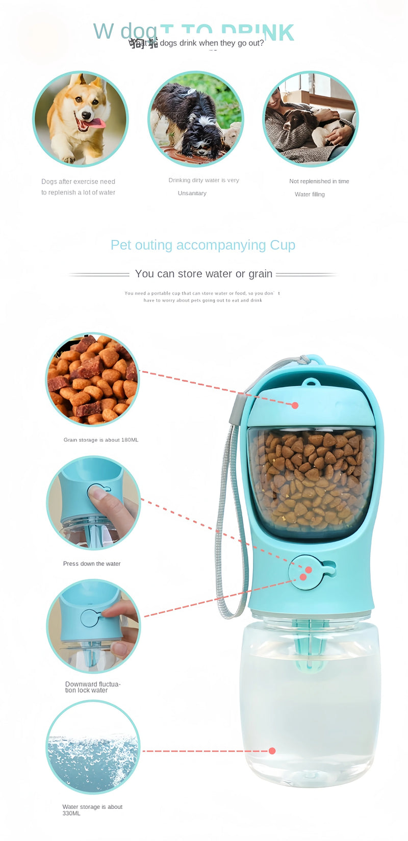Garrafa Portátil 2 em 1 para Pets – Água e Ração, Alimentador de Viagem para Cães e Gatos 350-500 ml