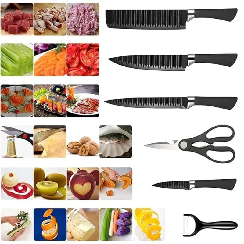 Kit Chef da Casa 6 Peças – Facas de Cozinha em Aço Premium com Design BlackWave