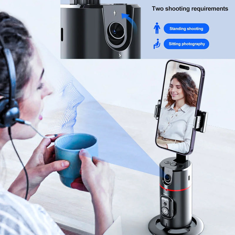 Estabilizador de Celular com Luz LED Removível e Rastreamento Facial – Tripé Sem Fio com Suporte Giratório 360º para Lives, Vídeos e Selfies