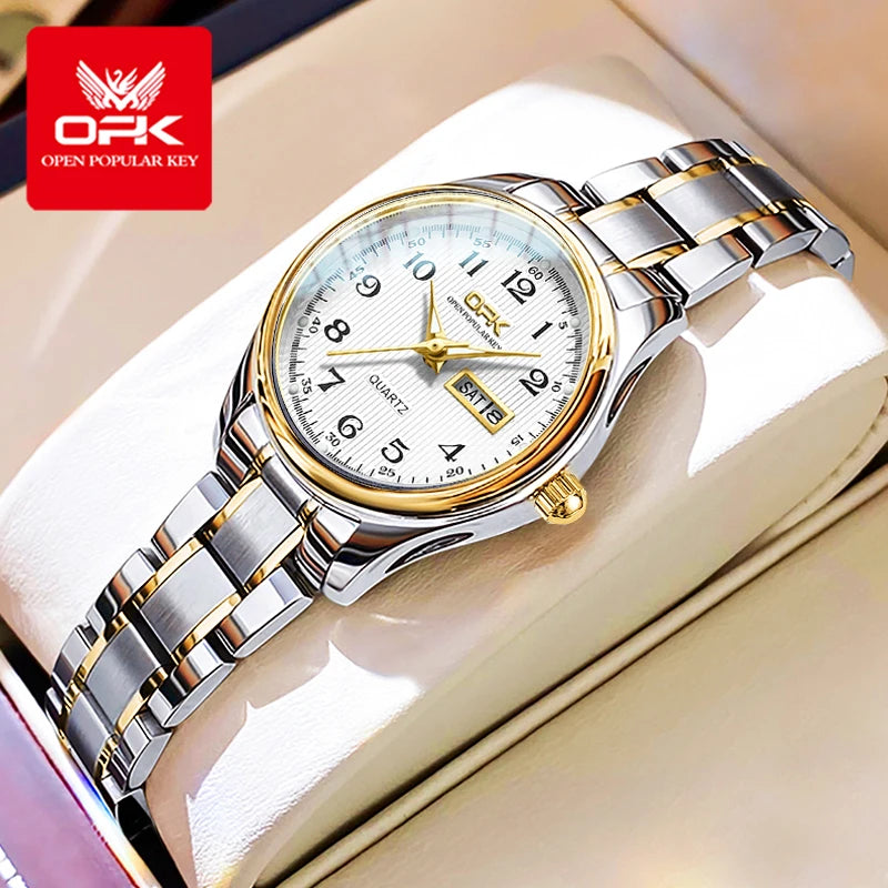 Relógio Feminino OPK 8110 Elegancia – Luxo Clássico à Prova d’Água com Pulseira de Aço Inoxidável