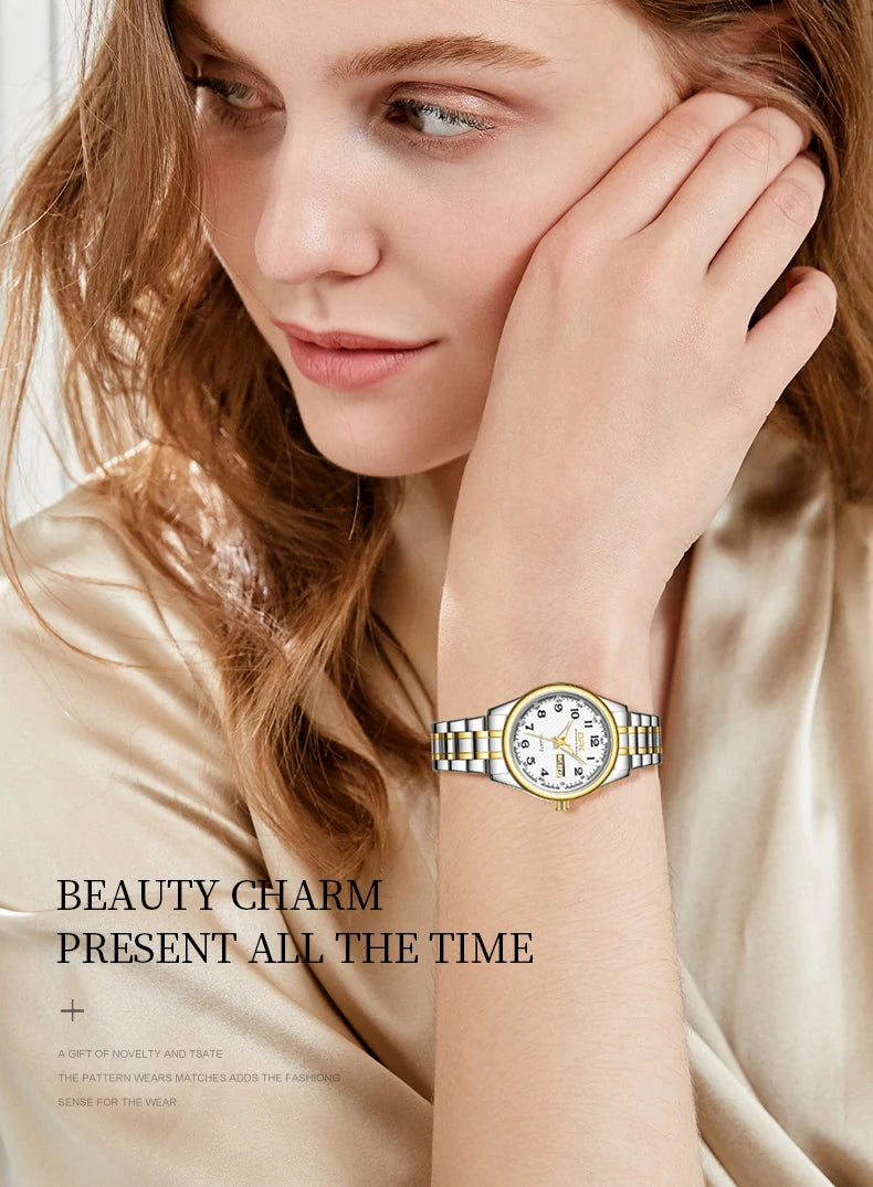 Relógio Feminino OPK 8110 Elegancia – Luxo Clássico à Prova d’Água com Pulseira de Aço Inoxidável