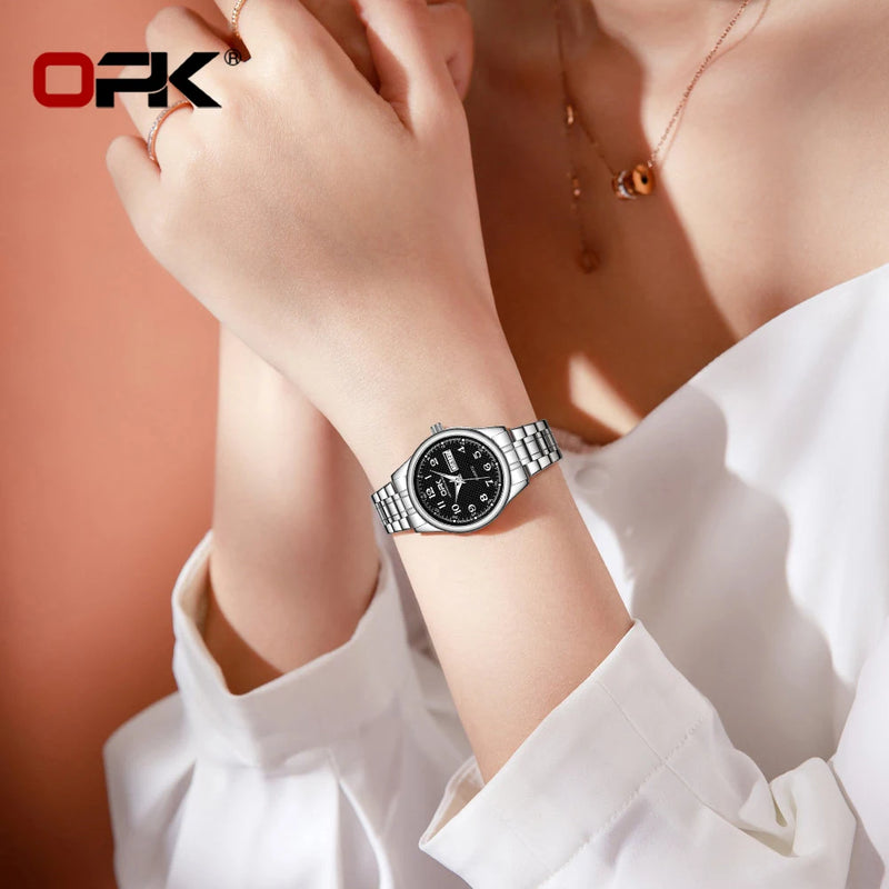 Relógio Feminino OPK 8110 Elegancia – Luxo Clássico à Prova d’Água com Pulseira de Aço Inoxidável