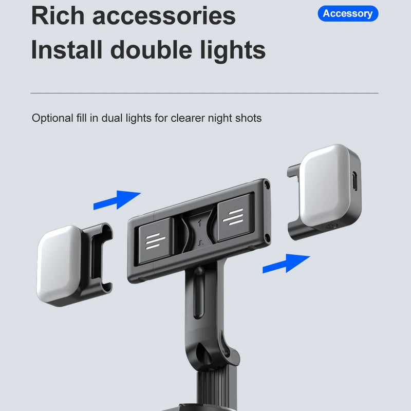 Estabilizador de Celular com Luz LED Removível e Rastreamento Facial – Tripé Sem Fio com Suporte Giratório 360º para Lives, Vídeos e Selfies