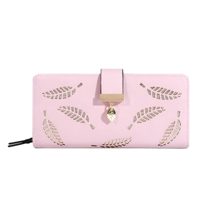 Carteira Clutch Feminina – Couro Sintético Dourado com Estampa de Folhas Vazadas, Porta-Cartões e Moedas