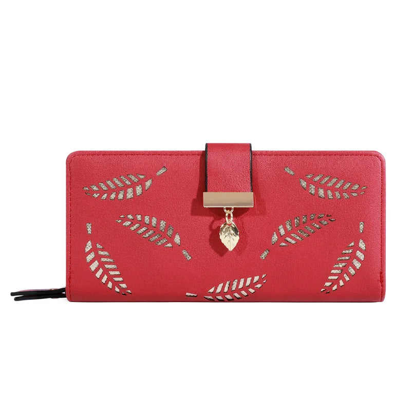 Carteira Clutch Feminina – Couro Sintético Dourado com Estampa de Folhas Vazadas, Porta-Cartões e Moedas