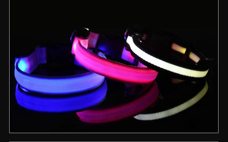 Coleira de Nylon com LED para Cachorro, Acessório Luminoso Fluorescente, Segurança Noturna Piscante, Brilha no Escuro, Coleira Ajustável para Pets