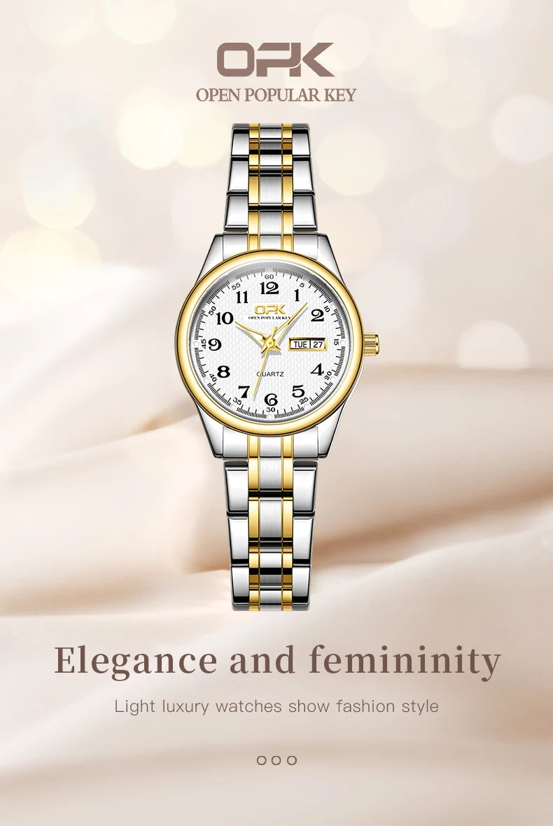 Relógio Feminino OPK 8110 Elegancia – Luxo Clássico à Prova d’Água com Pulseira de Aço Inoxidável