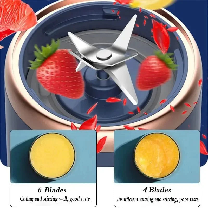 Copo Espremedor Portátil com 6 Lâminas – Liquidificador de Frutas Doméstico, Copo para Batidas, Recarregável via USB, Ferramenta de Cozinha 400 ml