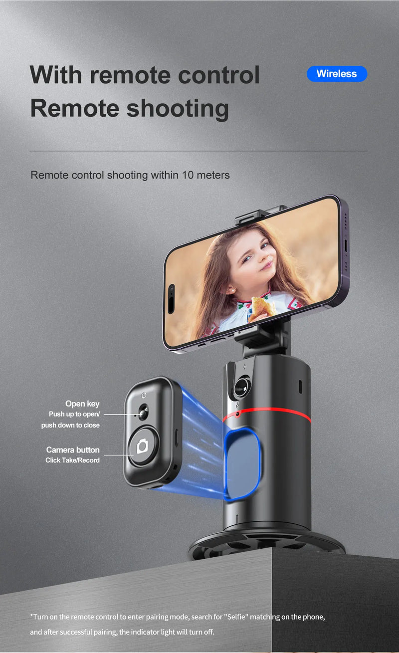 Estabilizador de Celular com Luz LED Removível e Rastreamento Facial – Tripé Sem Fio com Suporte Giratório 360º para Lives, Vídeos e Selfies