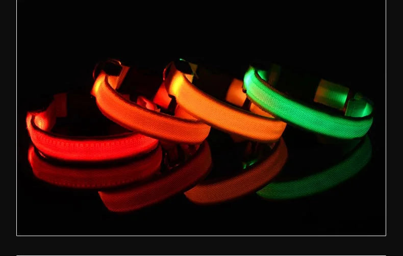 Coleira de Nylon com LED para Cachorro, Acessório Luminoso Fluorescente, Segurança Noturna Piscante, Brilha no Escuro, Coleira Ajustável para Pets