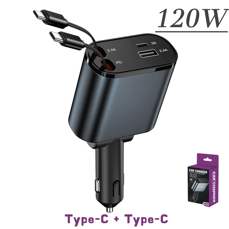 Carregador Retrátil Turbo 4 em 1 120W USB-C PD para iPhone e Android