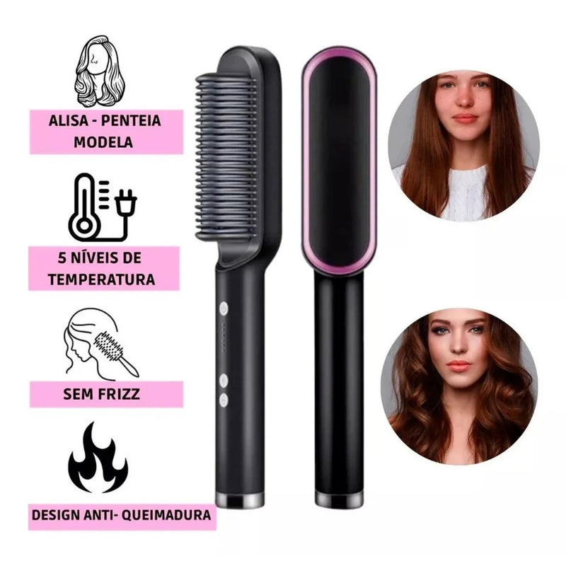 Pente Alisador Profissional 2 em 1 – Alisa e Modela com Tecnologia de Íons Negativos