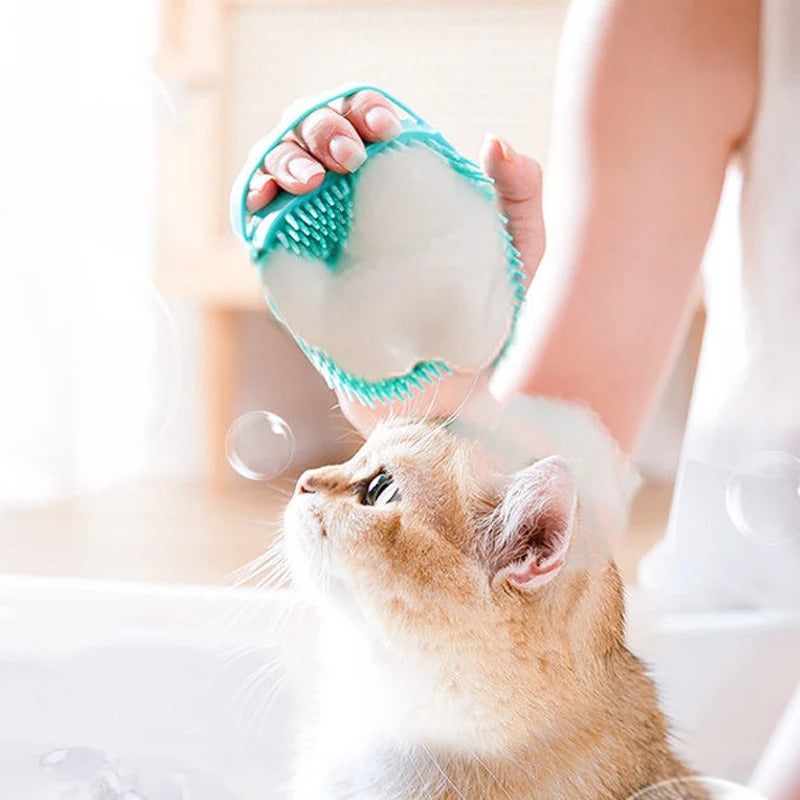 Escova Banho Pet 2 em 1 – Massageadora com Dispenser de Shampoo